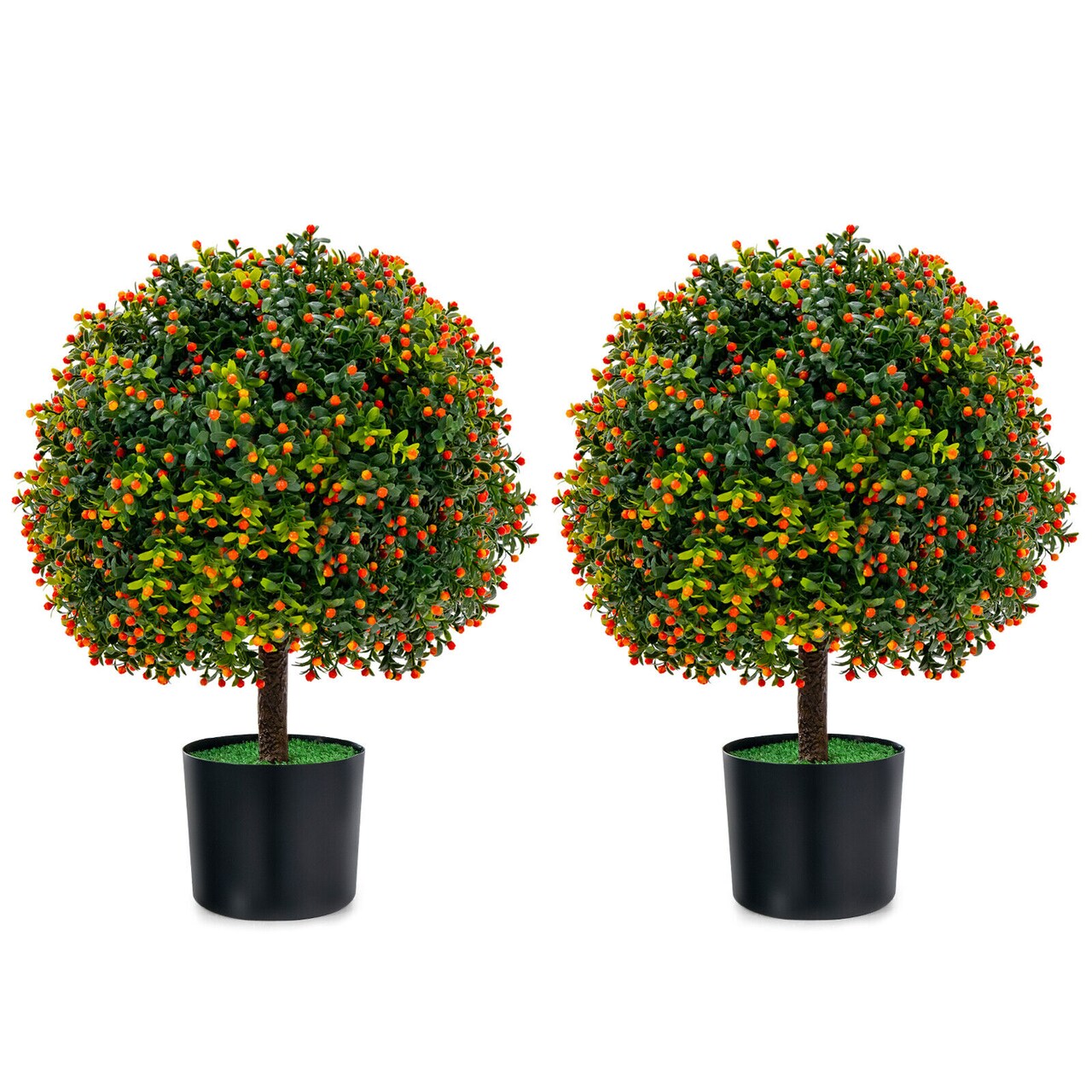 Artificial Boxwood Ball Topiary Tree 2 Pack Faux Potted Plant with Orange Fruit Green
